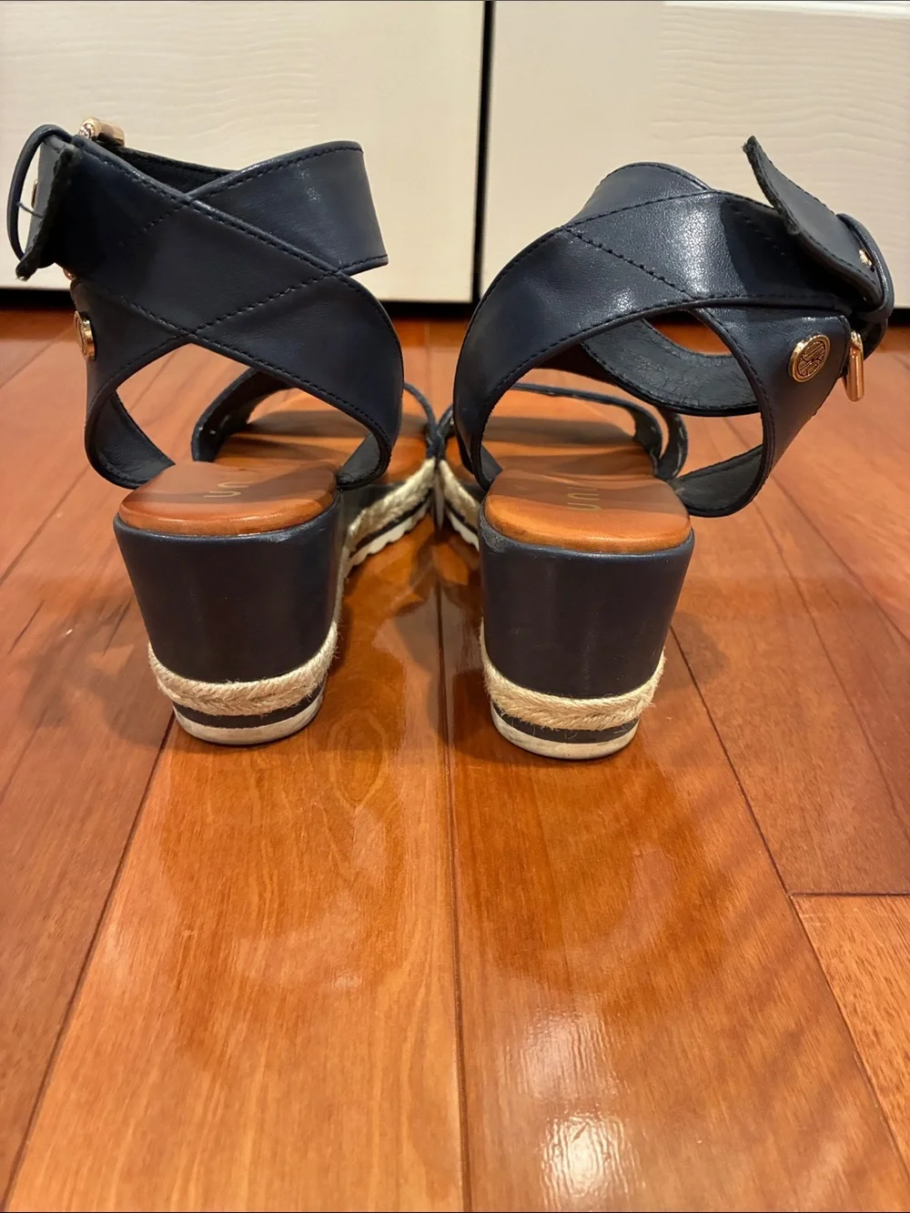 Unisa Navy Espadrille Wedge Sandals with Ankle Buckle